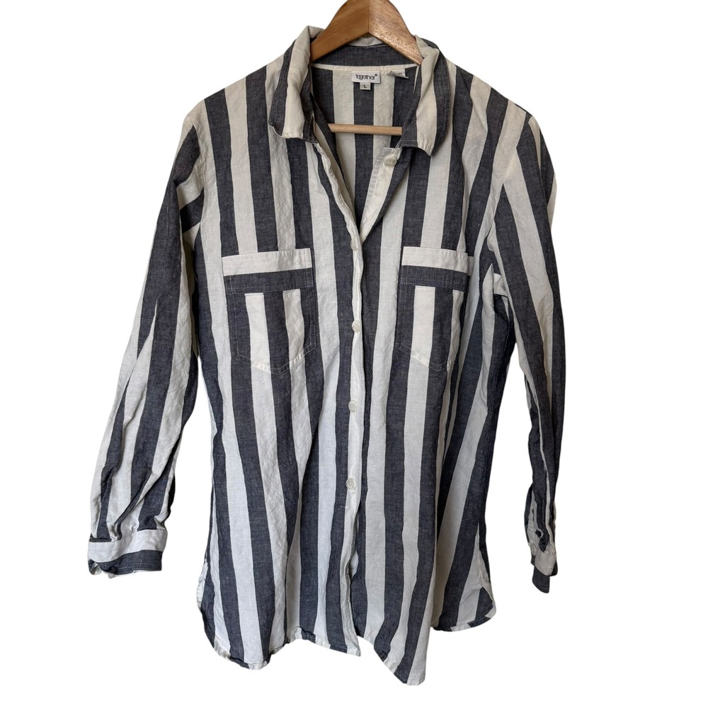 Together Button Down Shirt Womens L Grey White Excellent Linen Blend Striped
